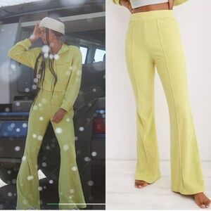 Aerie lime green Groove On Velour Ribbed Flare High Waisted Pants